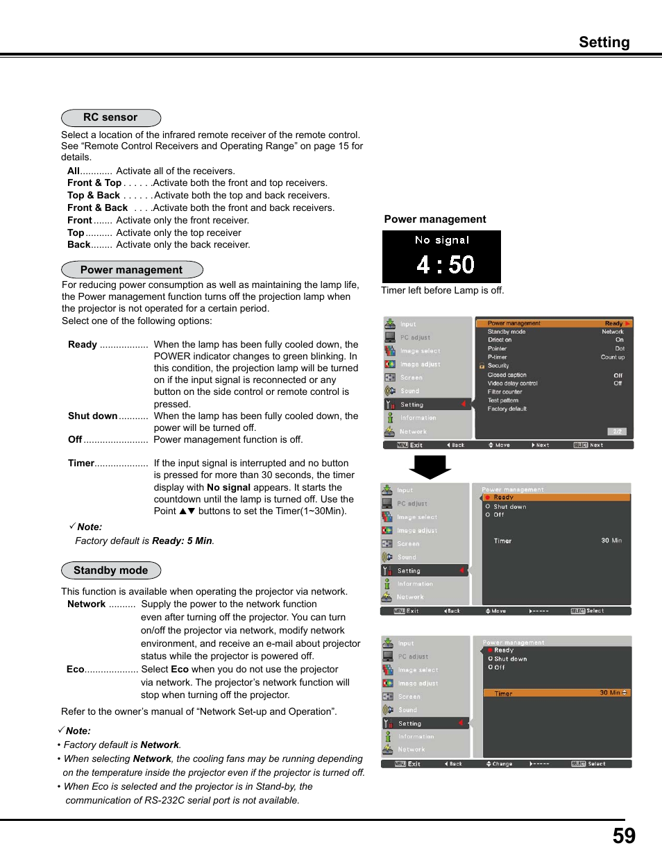 Setting | Sanyo PJLINK PLC-WM4500 User Manual | Page 59 / 91