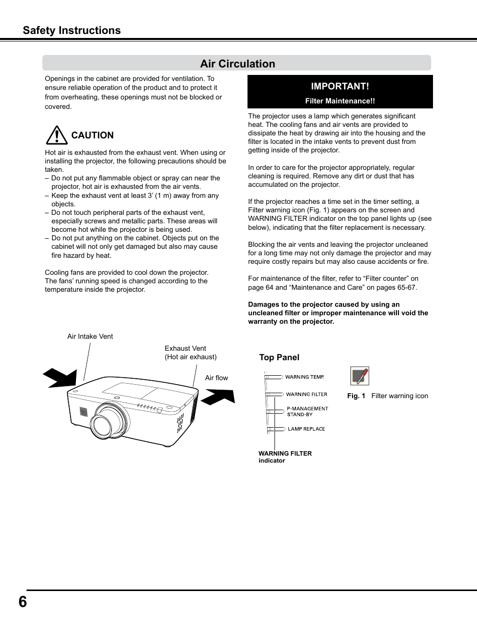 Air circulation, Safety instructions air circulation | Sanyo PJLINK PLC-WM4500 User Manual | Page 6 / 91