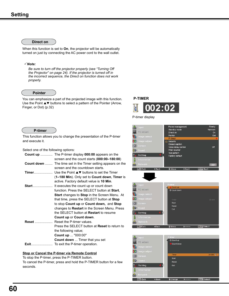 Setting | Sanyo PJLINK PLC-WM4500 User Manual | Page 60 / 91