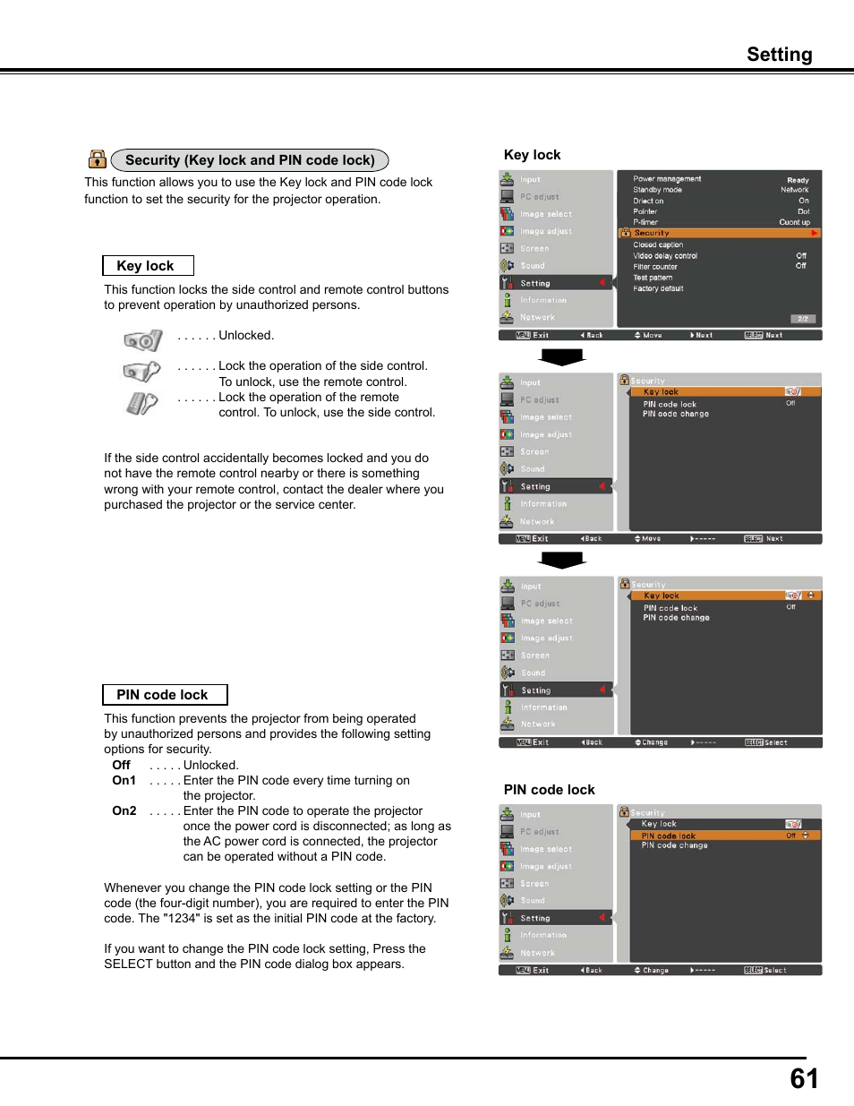 Setting | Sanyo PJLINK PLC-WM4500 User Manual | Page 61 / 91