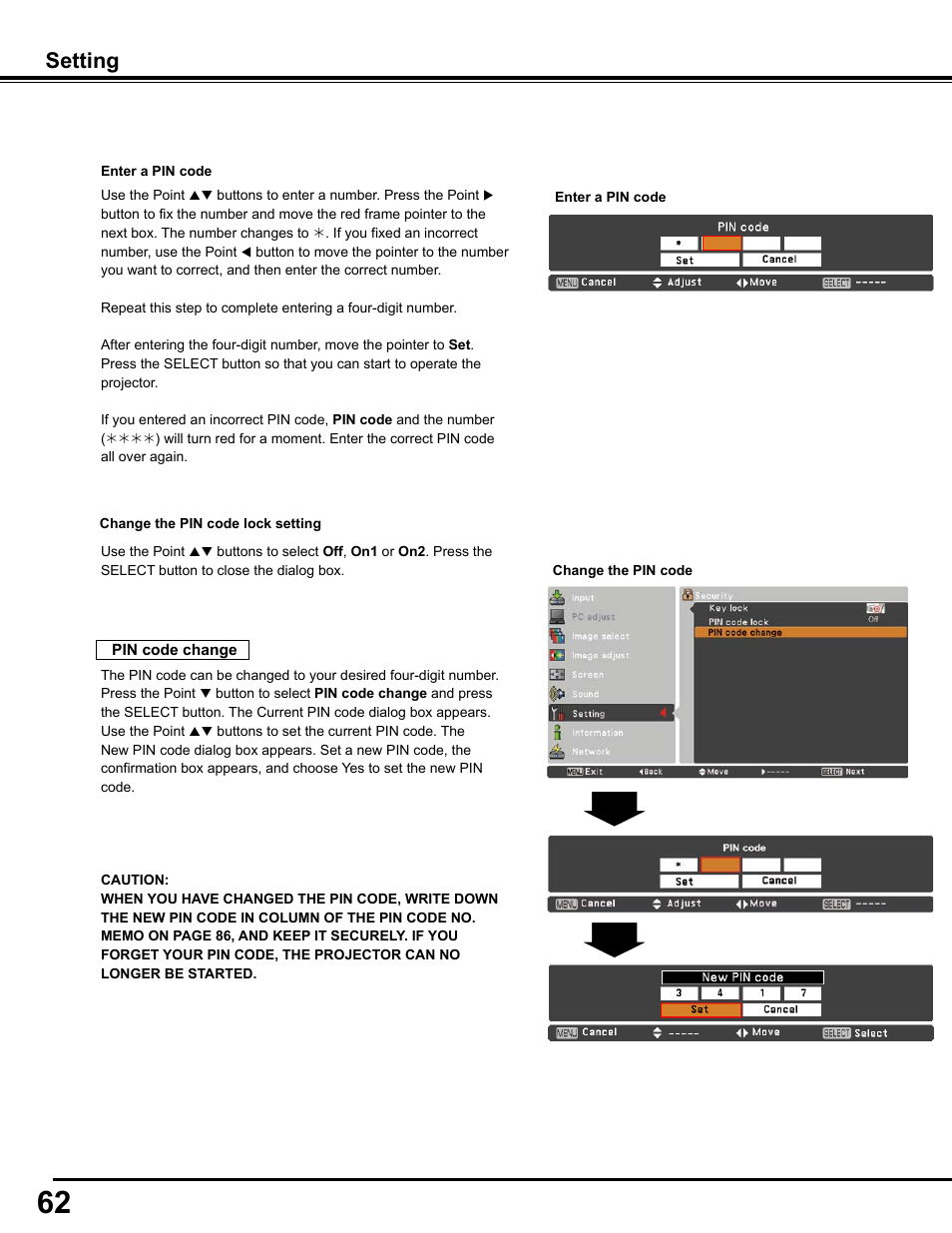 Setting | Sanyo PJLINK PLC-WM4500 User Manual | Page 62 / 91