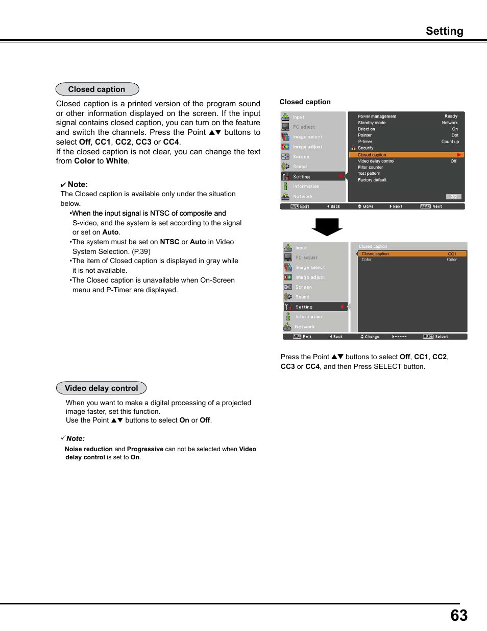 Setting | Sanyo PJLINK PLC-WM4500 User Manual | Page 63 / 91