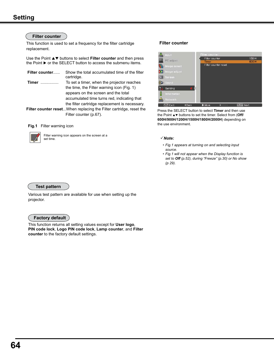 Setting | Sanyo PJLINK PLC-WM4500 User Manual | Page 64 / 91