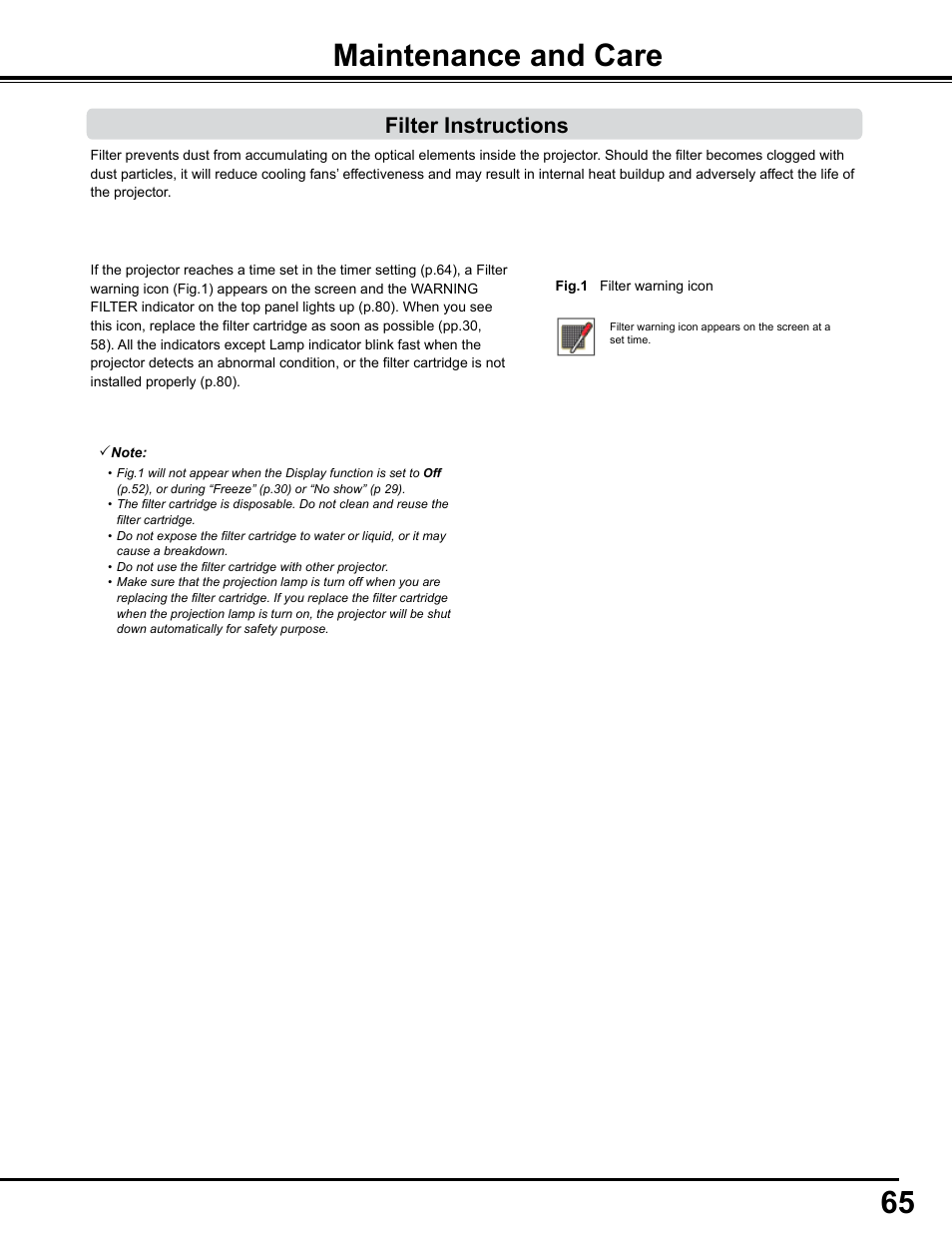 Maintenance and care, Filter instructions | Sanyo PJLINK PLC-WM4500 User Manual | Page 65 / 91
