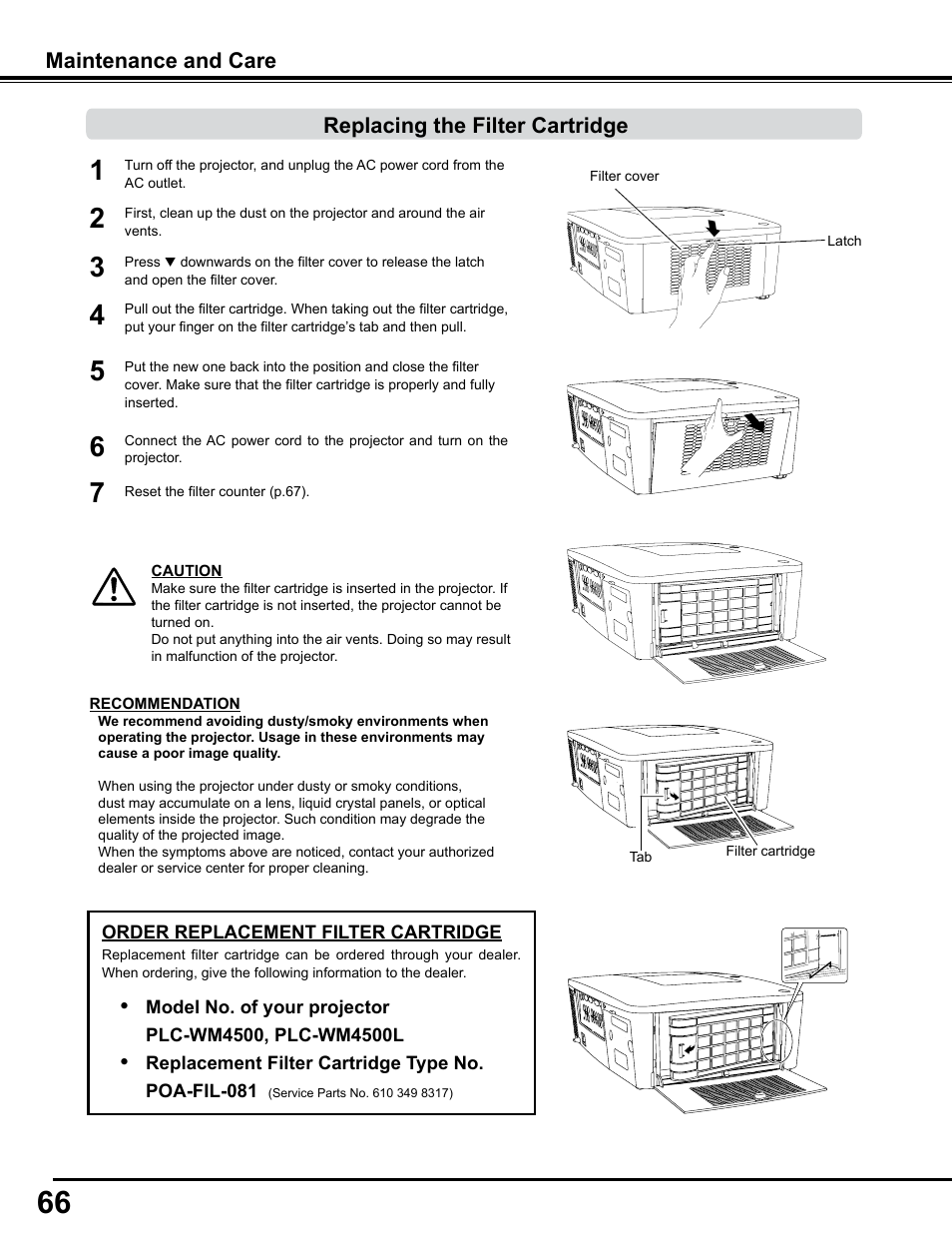 Replacing the filter cartridge | Sanyo PJLINK PLC-WM4500 User Manual | Page 66 / 91