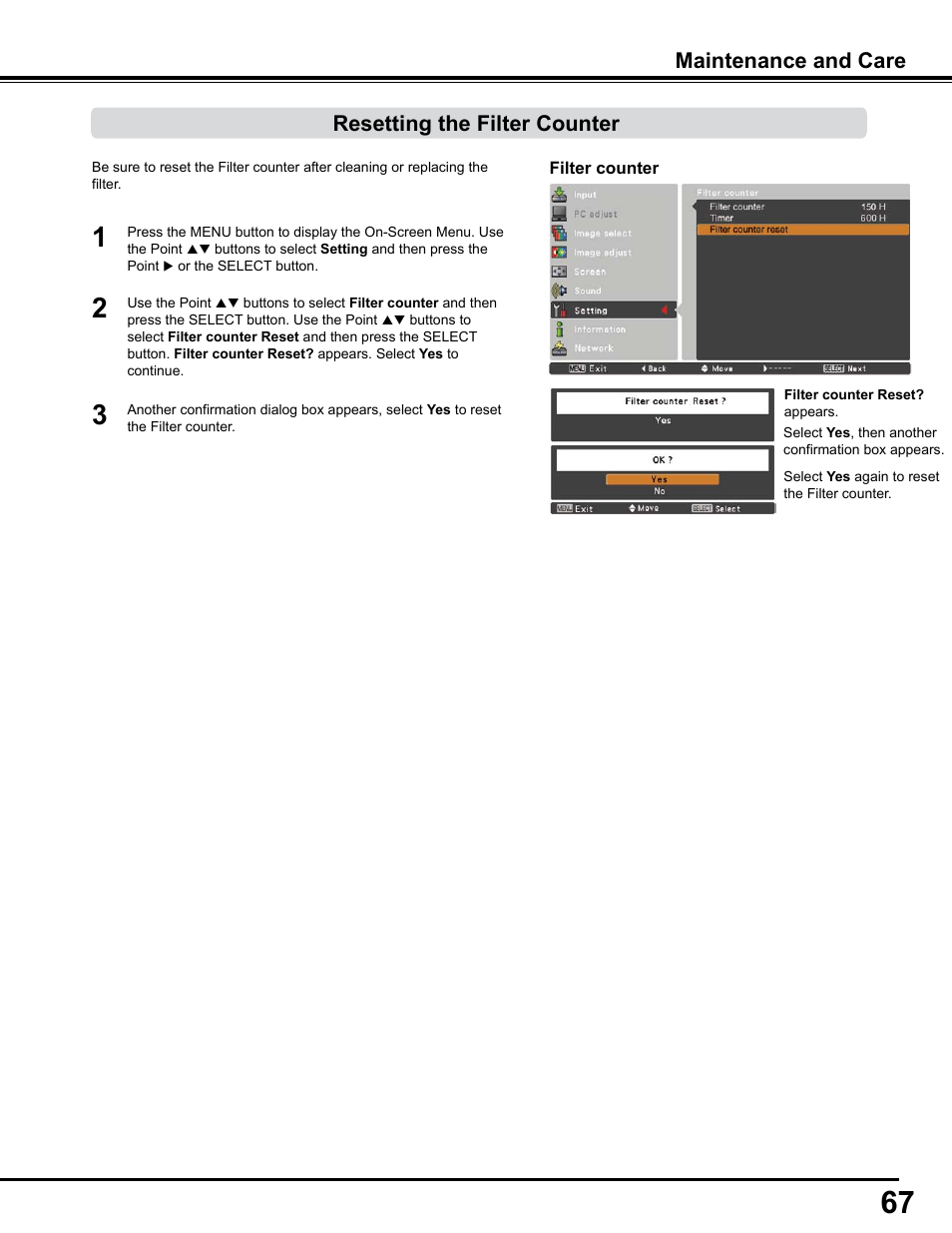 Resetting the filter counter, Maintenance and care | Sanyo PJLINK PLC-WM4500 User Manual | Page 67 / 91