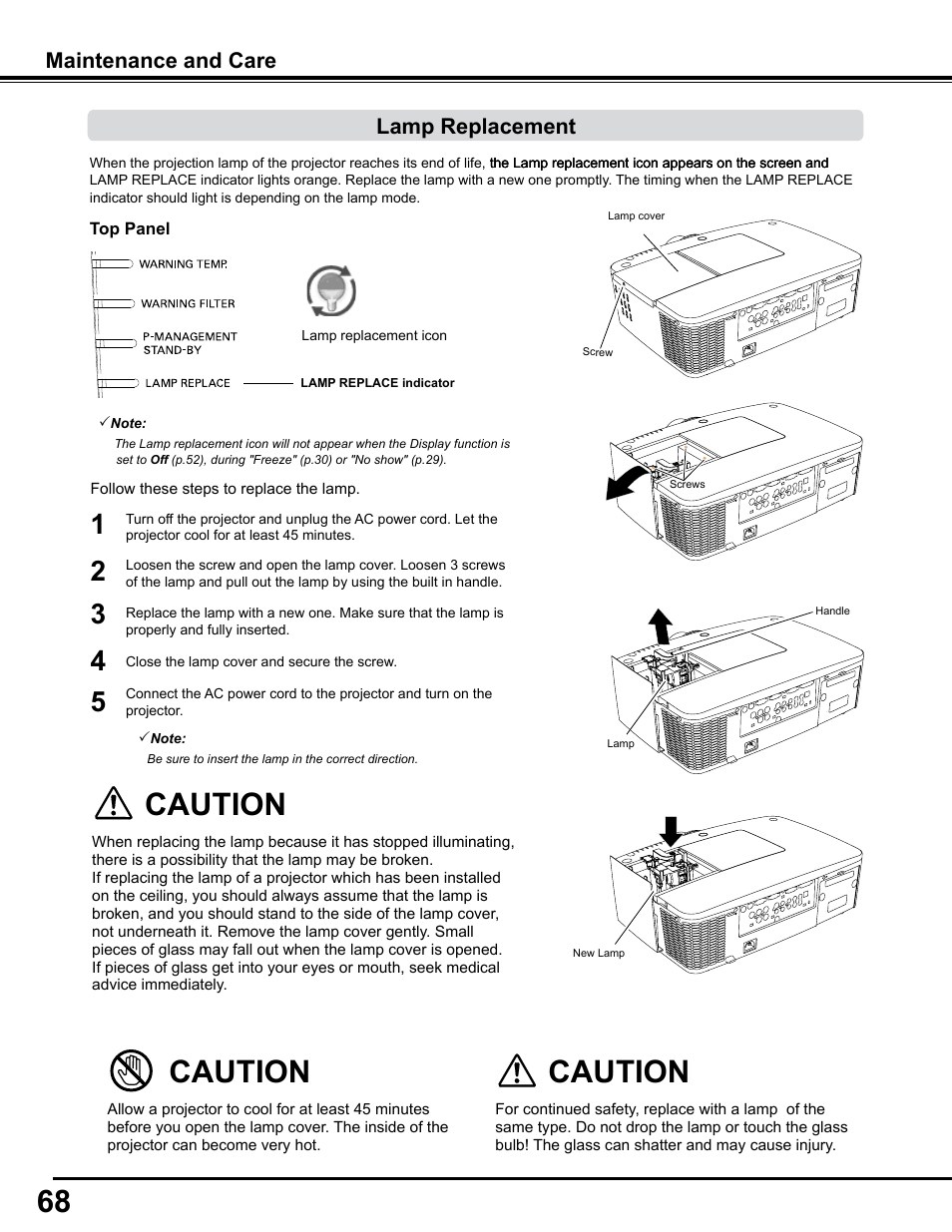 Lamp replacement, Caution, Maintenance and care | Sanyo PJLINK PLC-WM4500 User Manual | Page 68 / 91