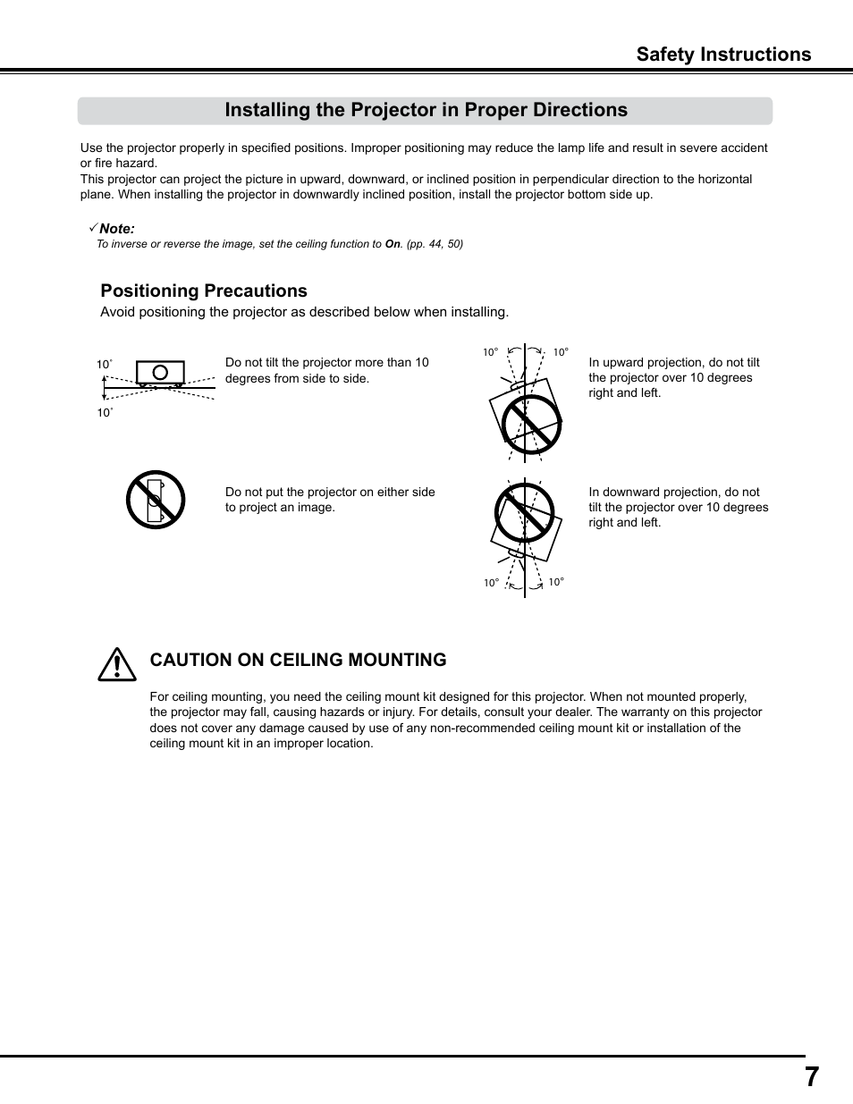 Installing the projector in proper directions, Safety instructions, Positioning precautions | Caution on ceiling mounting | Sanyo PJLINK PLC-WM4500 User Manual | Page 7 / 91