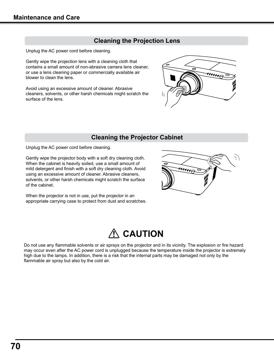 Cleaning the projection lens, Cleaning the projector cabinet, Caution | Sanyo PJLINK PLC-WM4500 User Manual | Page 70 / 91