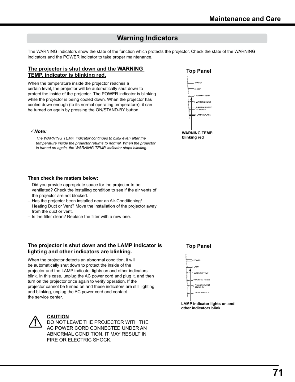 Warning indicators, Maintenance and care, Maintenance and care warning indicators | Sanyo PJLINK PLC-WM4500 User Manual | Page 71 / 91