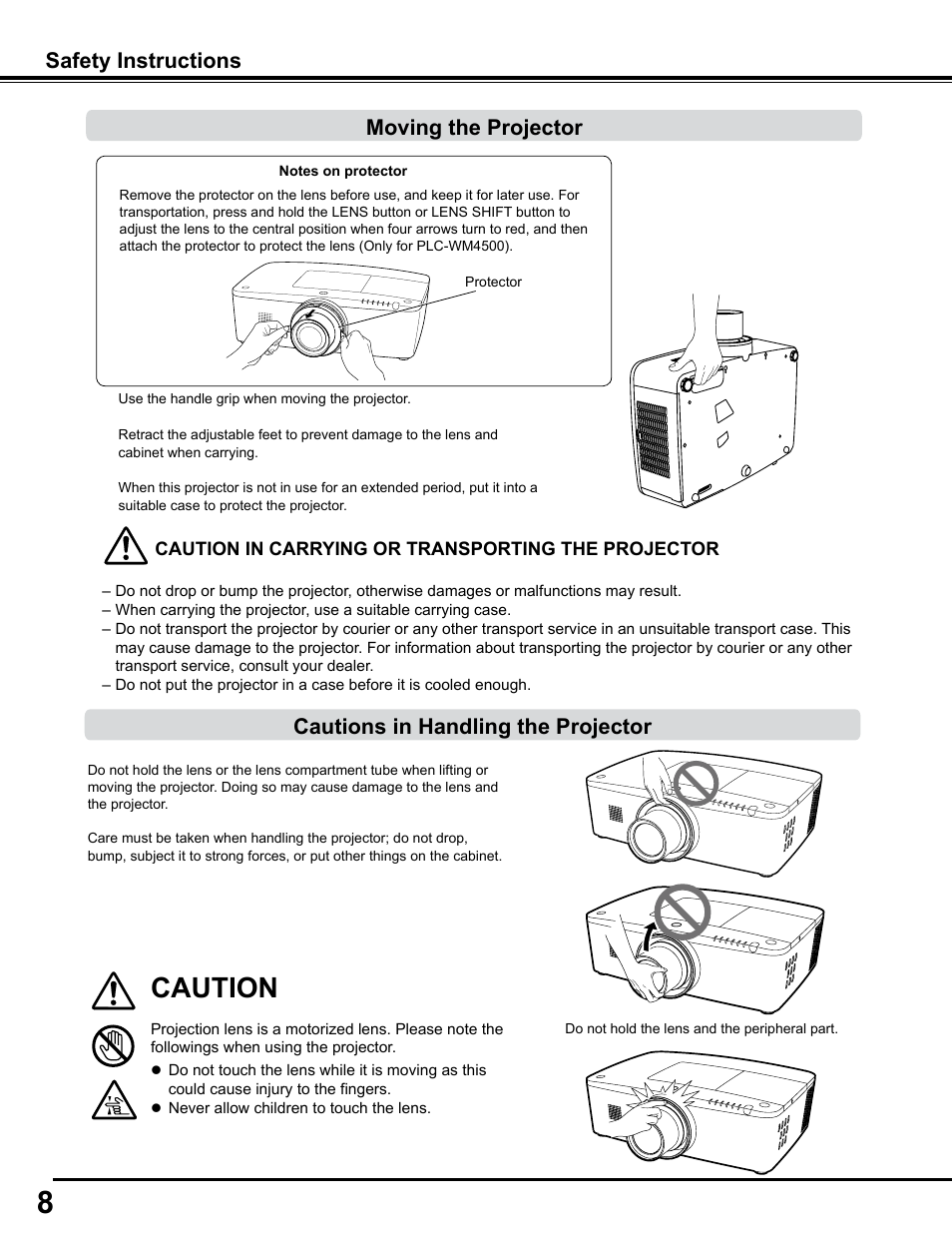 Moving the projector, Cautions in handling the projector, Caution | Sanyo PJLINK PLC-WM4500 User Manual | Page 8 / 91