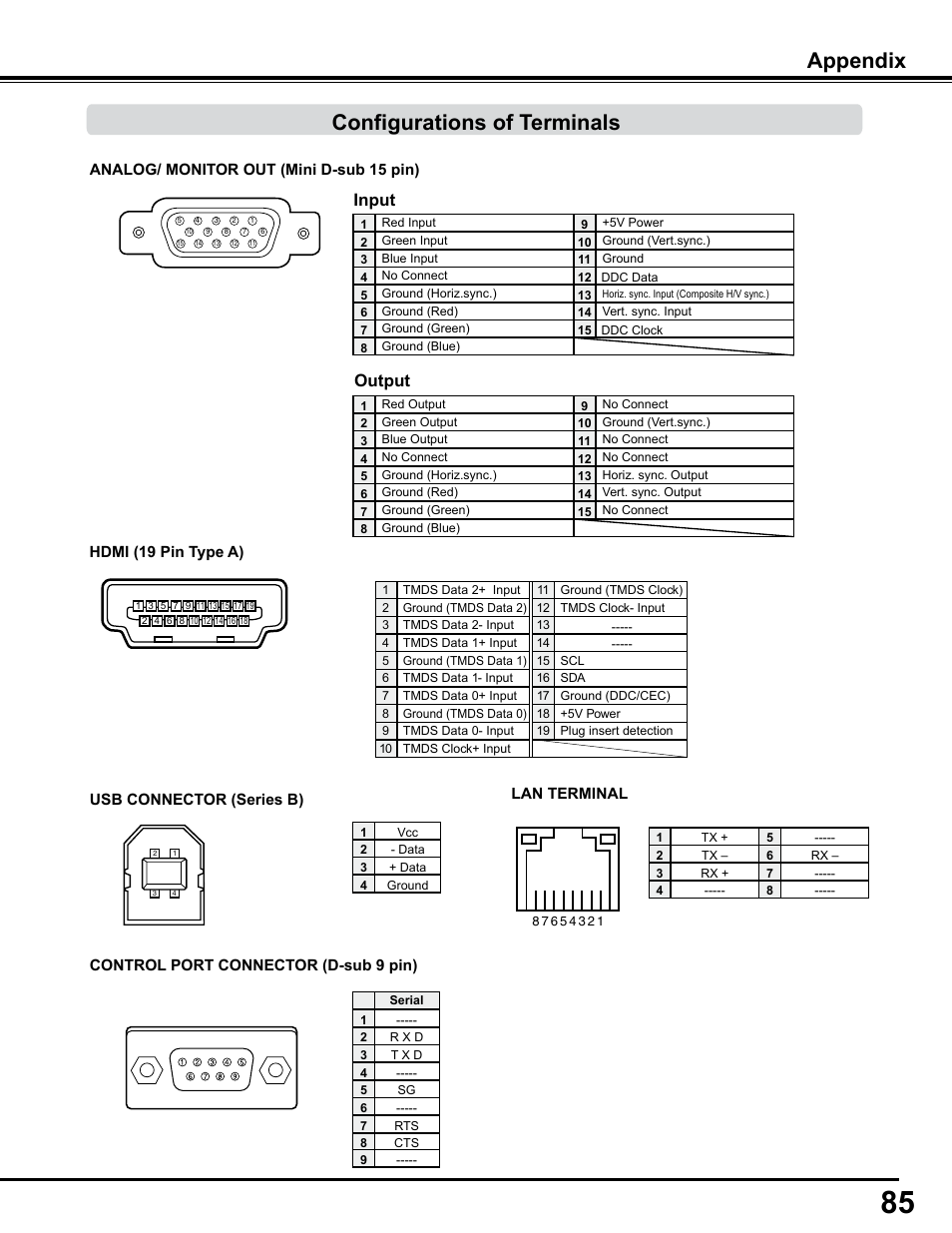 Configurations of terminals, Appendix, Input output | Sanyo PJLINK PLC-WM4500 User Manual | Page 85 / 91