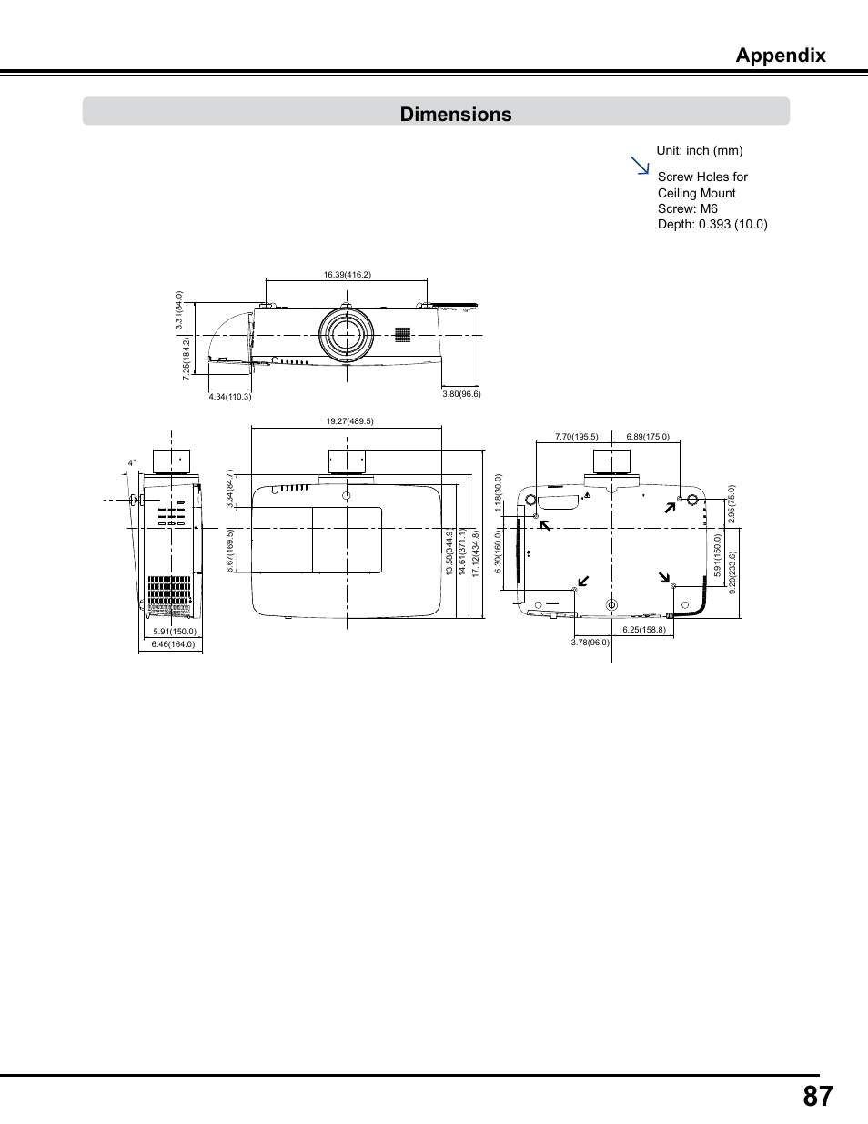 Dimensions, Appendix dimensions | Sanyo PJLINK PLC-WM4500 User Manual | Page 87 / 91