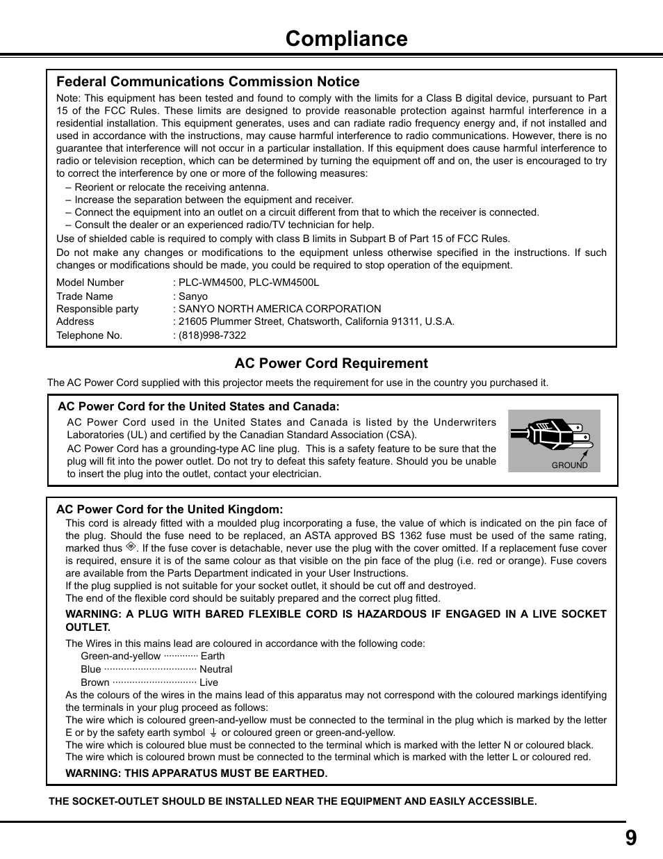 Compliance | Sanyo PJLINK PLC-WM4500 User Manual | Page 9 / 91