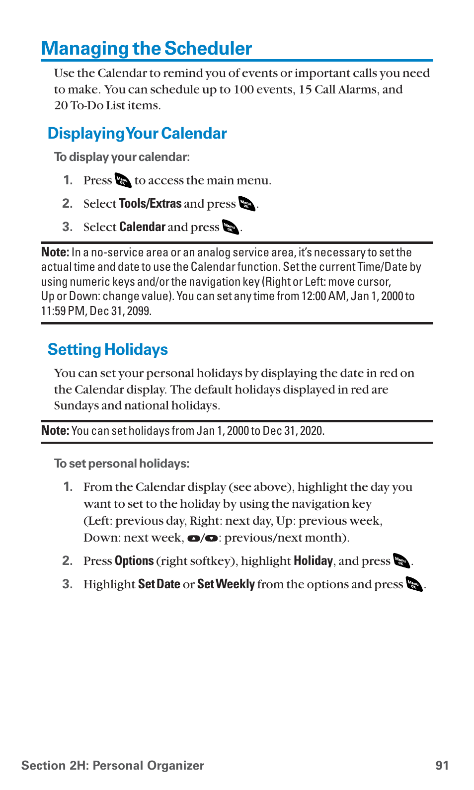 Managing the scheduler, Displaying your calendar, Setting holidays | Sanyo SCP-4920 User Manual | Page 102 / 230