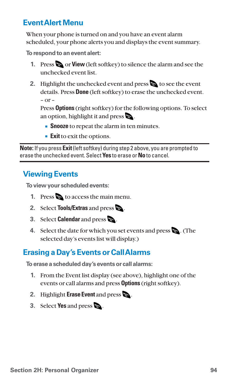 Event alert menu, Viewing events, Erasing a day’s events or call alarms | Sanyo SCP-4920 User Manual | Page 105 / 230