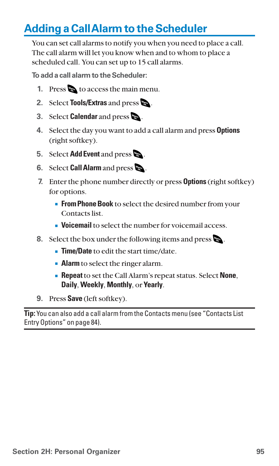 Adding a call alarm to the scheduler | Sanyo SCP-4920 User Manual | Page 106 / 230