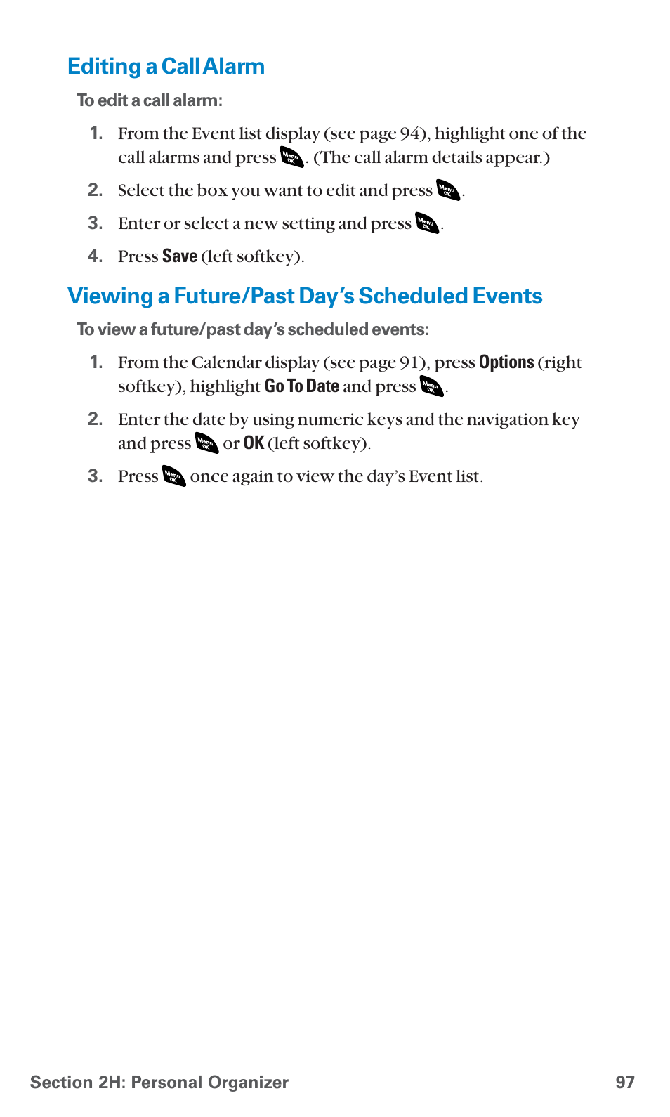 Editing a call alarm, Viewing a future/past day’s scheduled events | Sanyo SCP-4920 User Manual | Page 108 / 230