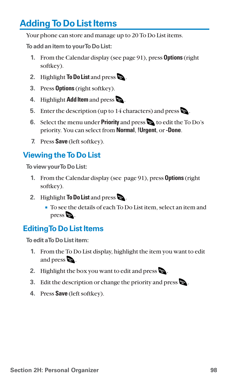 Adding to do list items, Viewing the to do list, Editing to do list items | Editingto do list items | Sanyo SCP-4920 User Manual | Page 109 / 230