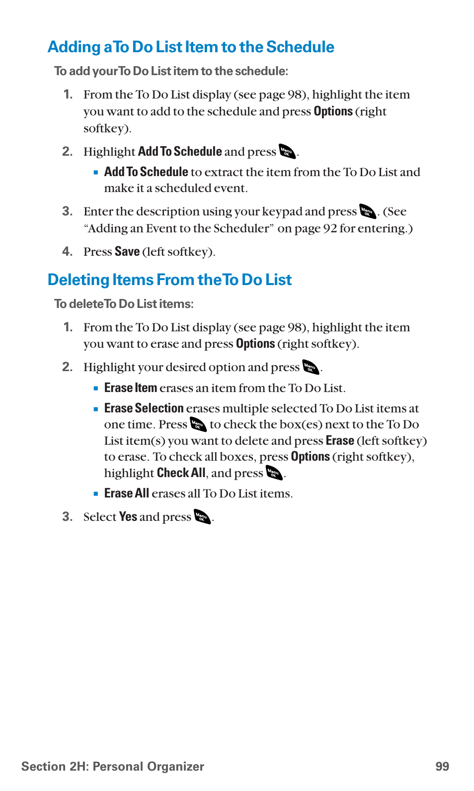 Adding a to do list item to the schedule, Deleting items from the to do list | Sanyo SCP-4920 User Manual | Page 110 / 230