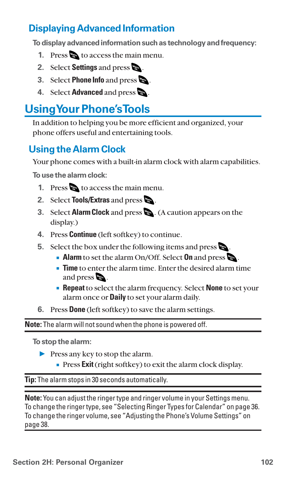 Displaying advanced information, Using your phone’s tools, Using the alarm clock | Sanyo SCP-4920 User Manual | Page 113 / 230