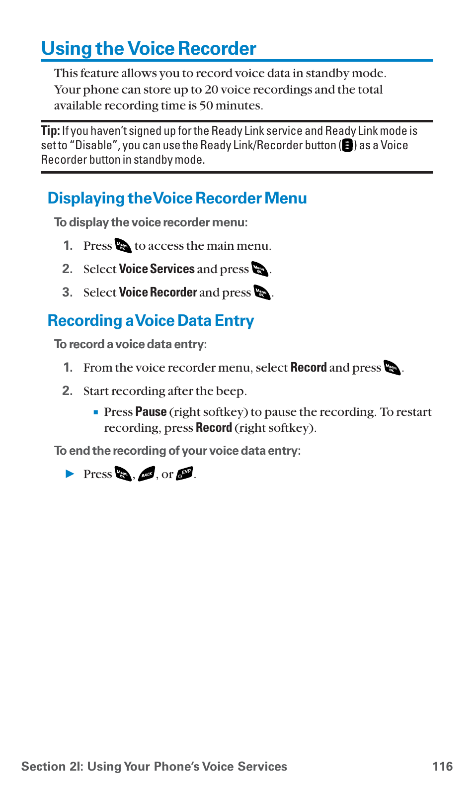 Using the voice recorder, Displaying the voice recorder menu, Recording a voice data entry | Sanyo SCP-4920 User Manual | Page 127 / 230