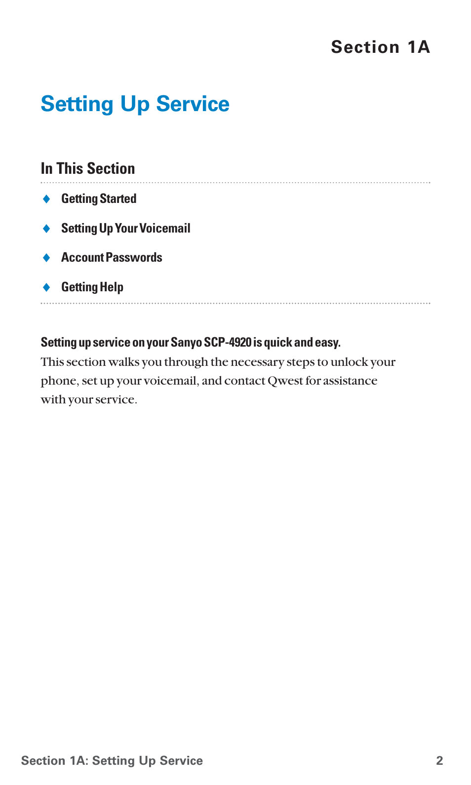 1a. setting up service, Setting up service | Sanyo SCP-4920 User Manual | Page 13 / 230