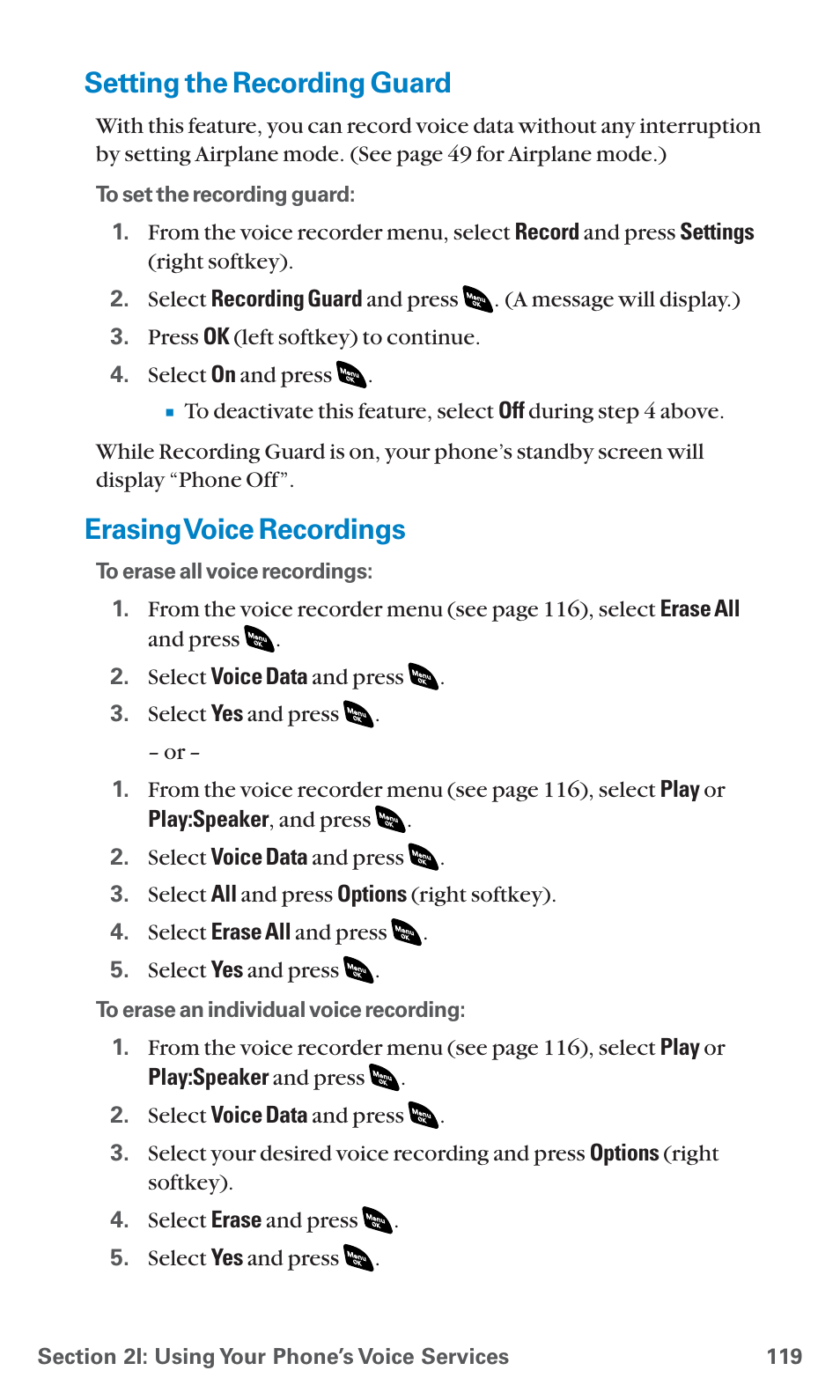 Setting the recording guard, Erasing voice recordings, Erasingvoice recordings | Sanyo SCP-4920 User Manual | Page 130 / 230