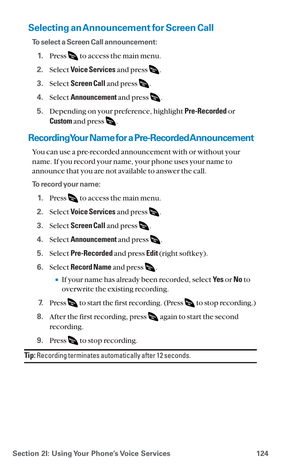 Selecting an announcement for screen call, Recordingyour name for a pre-recorded announcement | Sanyo SCP-4920 User Manual | Page 135 / 230