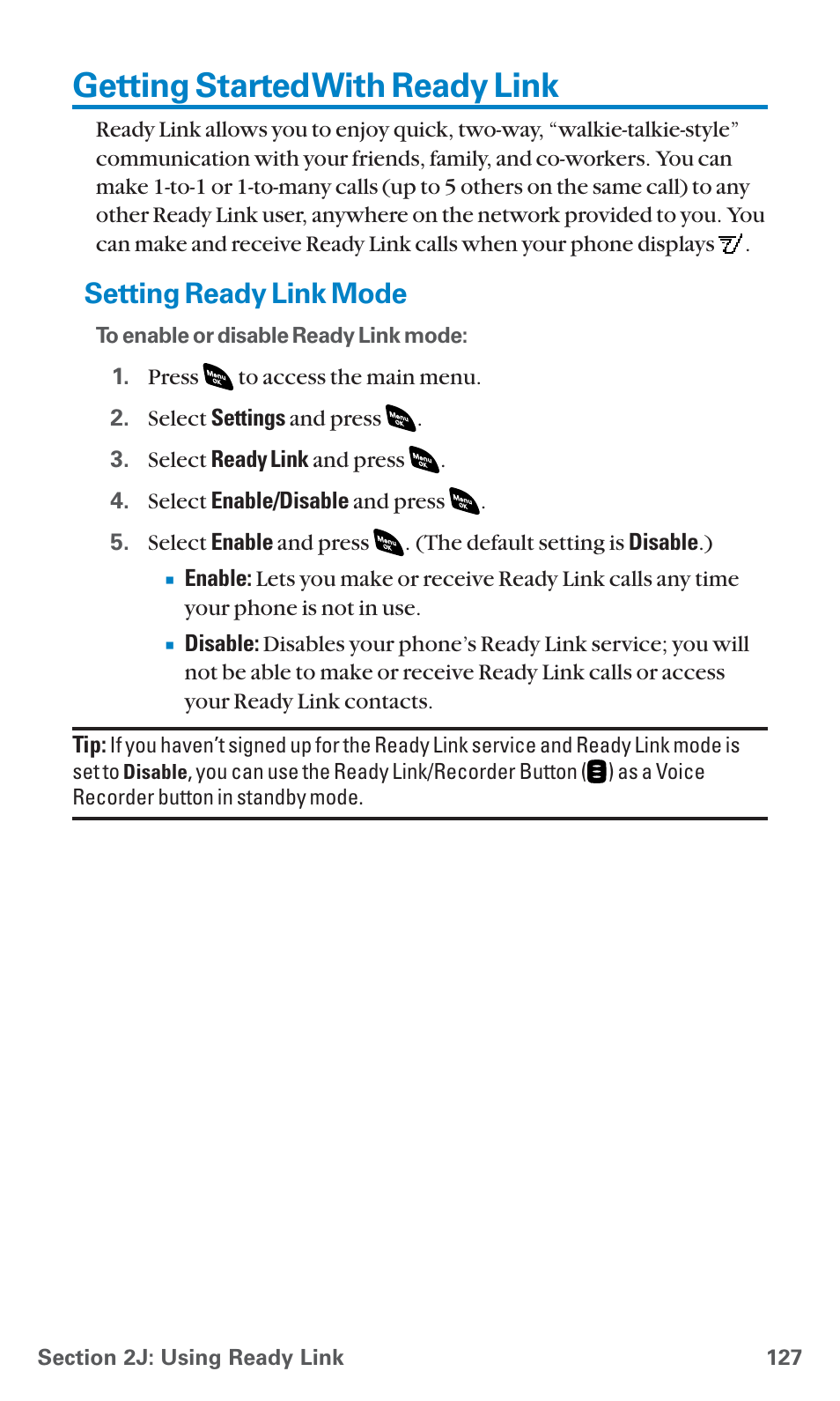 Getting started with ready link, Setting ready link mode | Sanyo SCP-4920 User Manual | Page 138 / 230