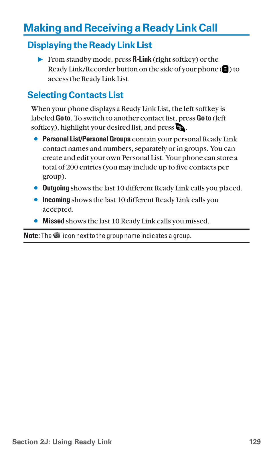 Making and receiving a ready link call, Displaying the ready link list, Selecting contacts list | Sanyo SCP-4920 User Manual | Page 140 / 230