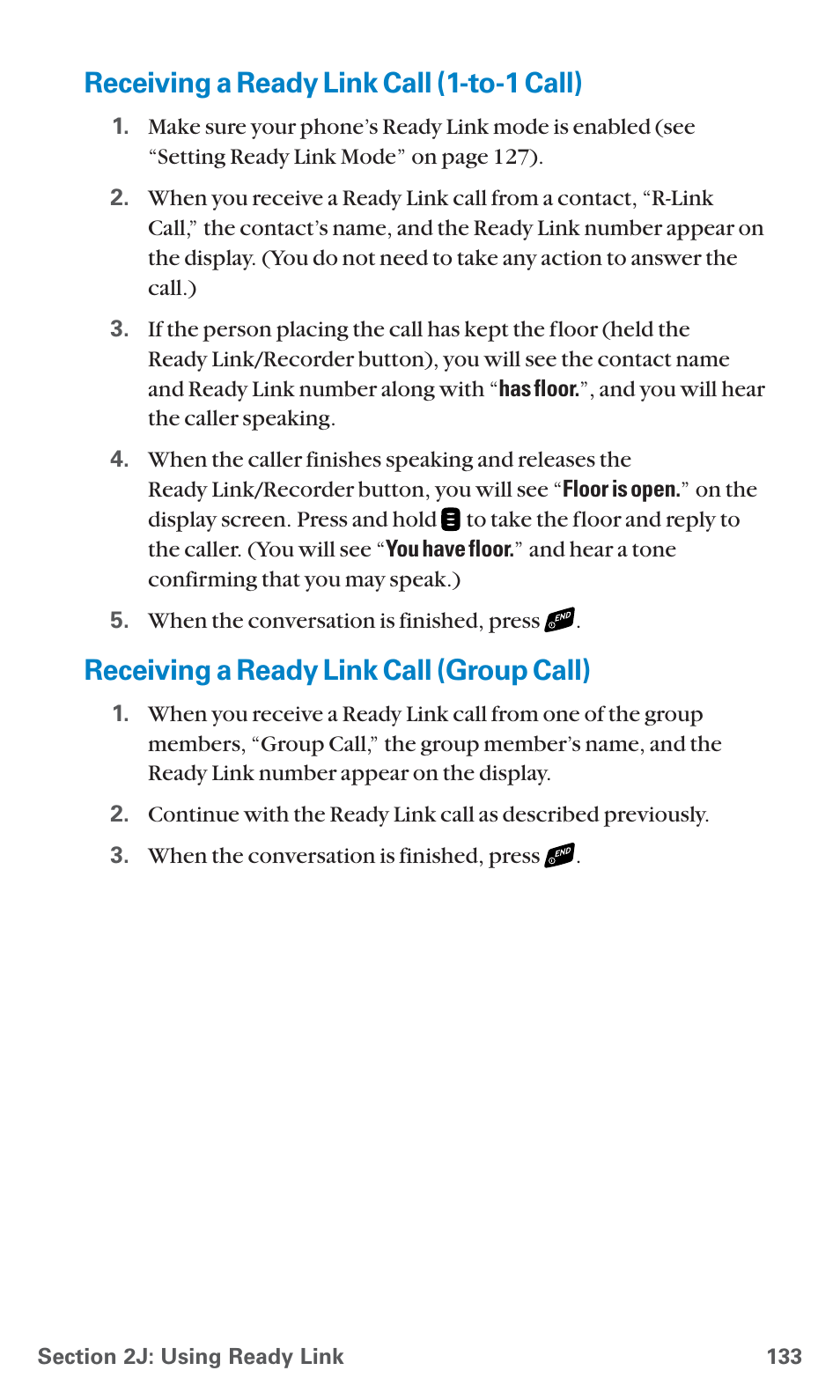 Receiving a ready link call (1-to-1 call), Receiving a ready link call (group call) | Sanyo SCP-4920 User Manual | Page 144 / 230