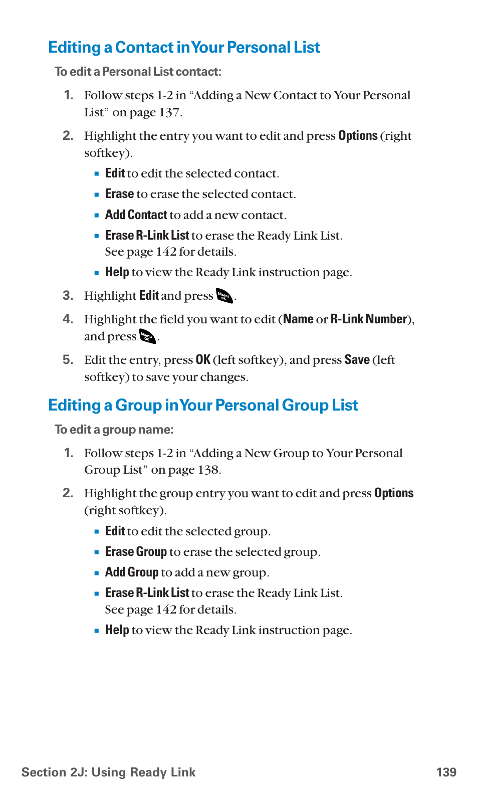 Editing a contact in your personal list, Editing a group in your personal group list | Sanyo SCP-4920 User Manual | Page 150 / 230