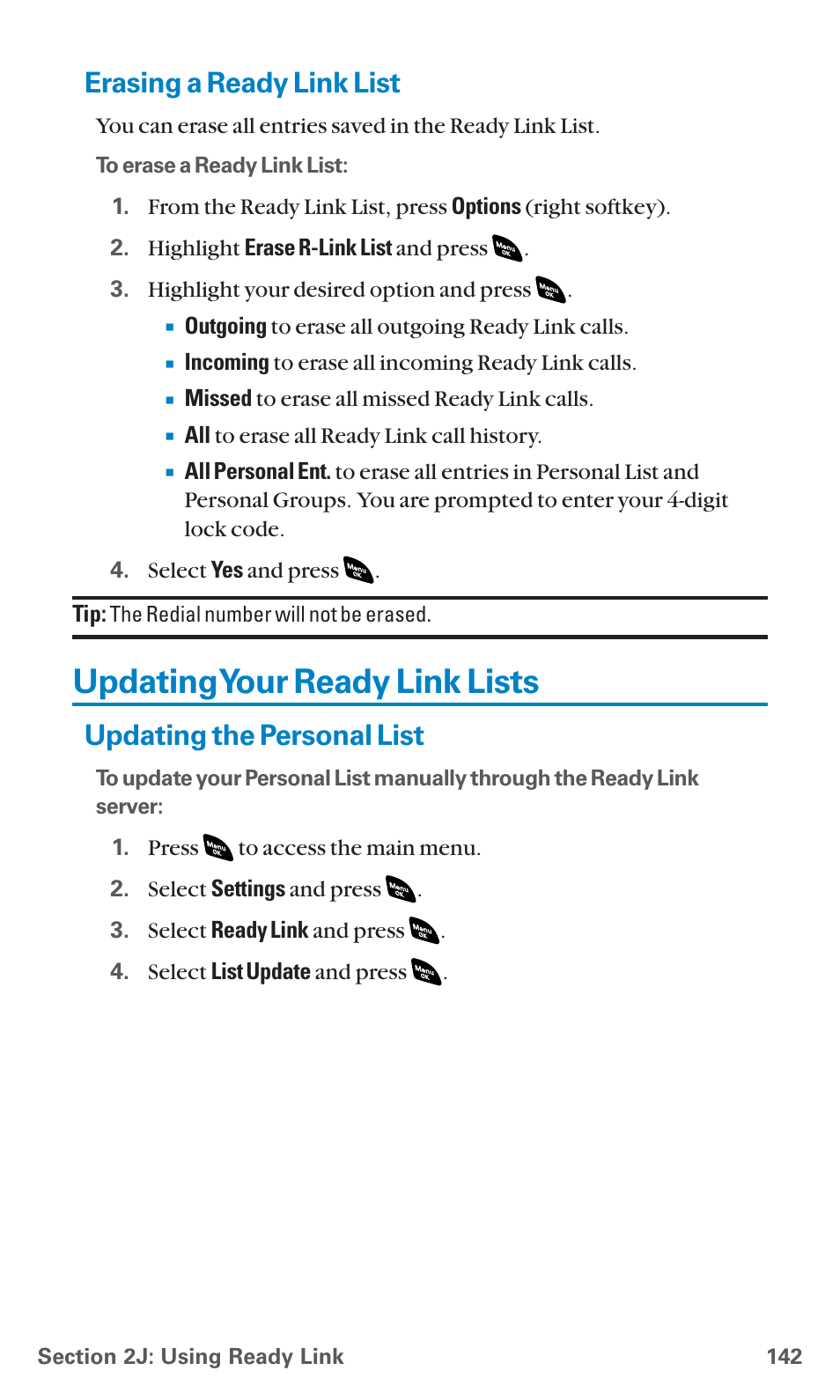 Erasing a ready link list, Updating your ready link lists, Updating the personal list | Updatingyour ready link lists | Sanyo SCP-4920 User Manual | Page 153 / 230