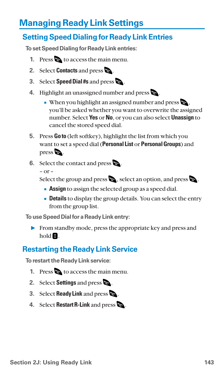 Managing ready link settings, Setting speed dialing for ready link entries, Restarting the ready link service | See “setting speed | Sanyo SCP-4920 User Manual | Page 154 / 230