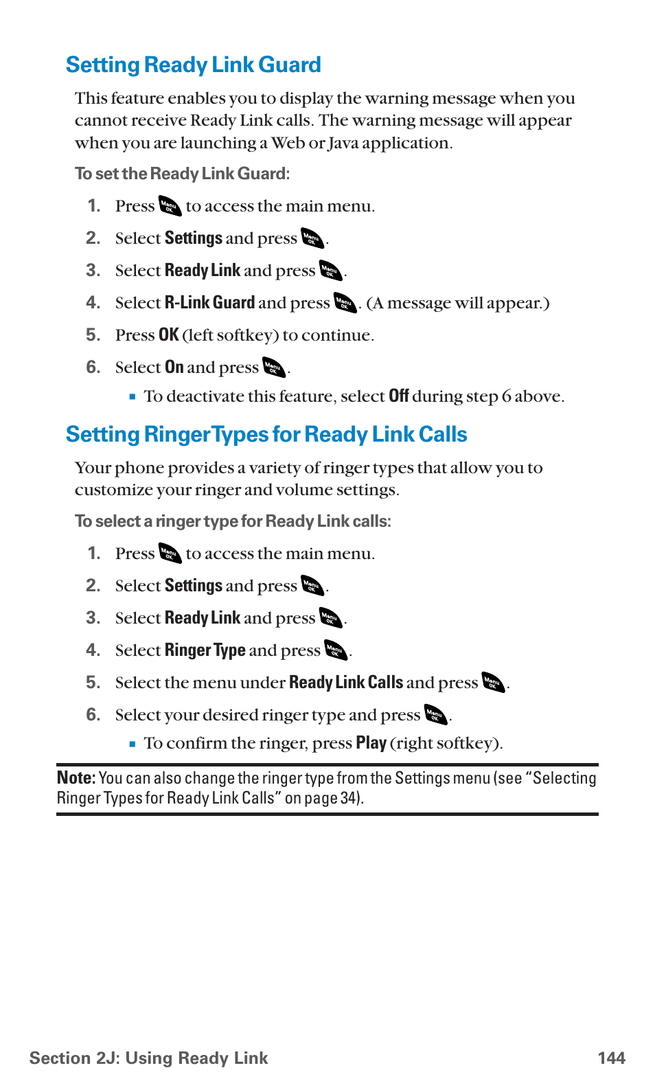 Setting ready link guard, Setting ringer types for ready link calls | Sanyo SCP-4920 User Manual | Page 155 / 230