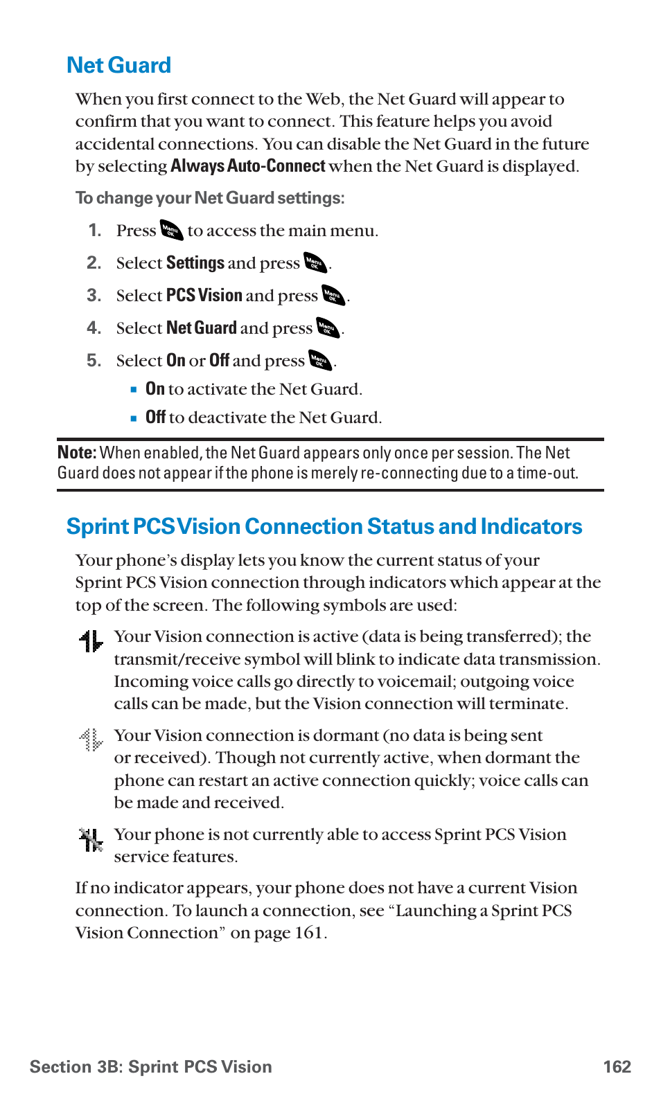 Net guard, Sprint pcs vision connection status and indicators | Sanyo SCP-4920 User Manual | Page 173 / 230