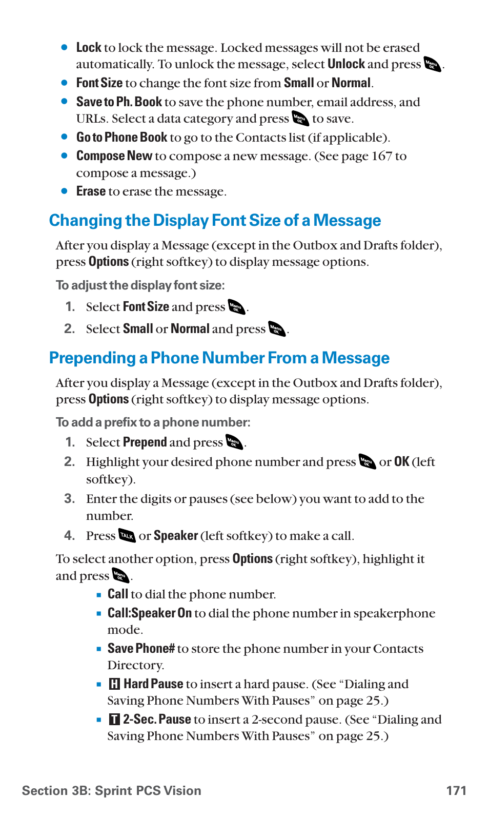 Changing the display font size of a message, Prepending a phone number from a message | Sanyo SCP-4920 User Manual | Page 182 / 230