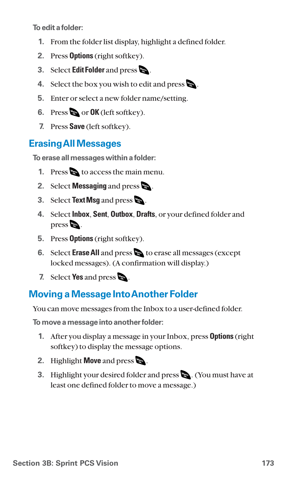 Erasing all messages, Moving a message into another folder, Erasingall messages | Sanyo SCP-4920 User Manual | Page 184 / 230