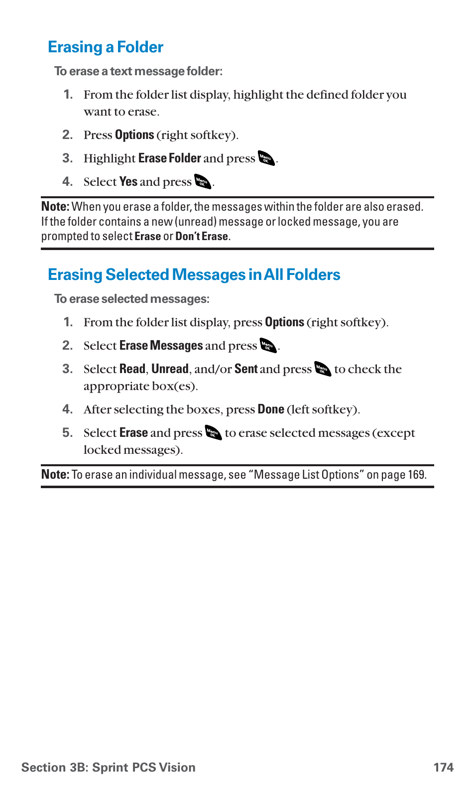Erasing a folder, Erasing selected messages in all folders | Sanyo SCP-4920 User Manual | Page 185 / 230