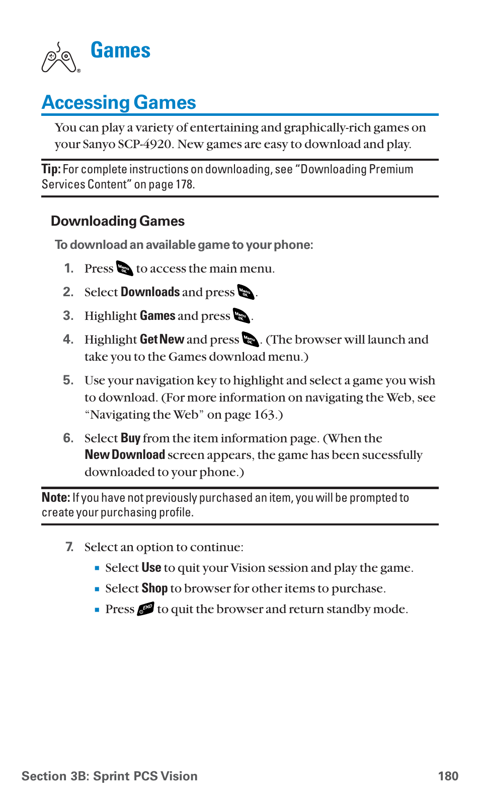 Accessing games, Games | Sanyo SCP-4920 User Manual | Page 191 / 230