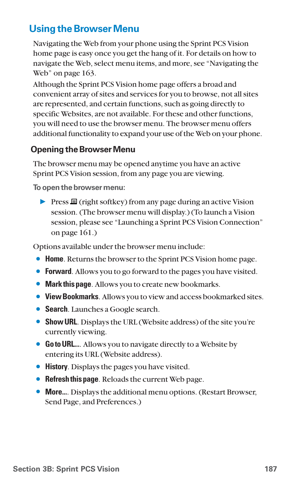 Using the browser menu, Opening the browser menu, Search . launches a google search | History . displays the pages you have visited, Refresh this page . reloads the current web page | Sanyo SCP-4920 User Manual | Page 198 / 230