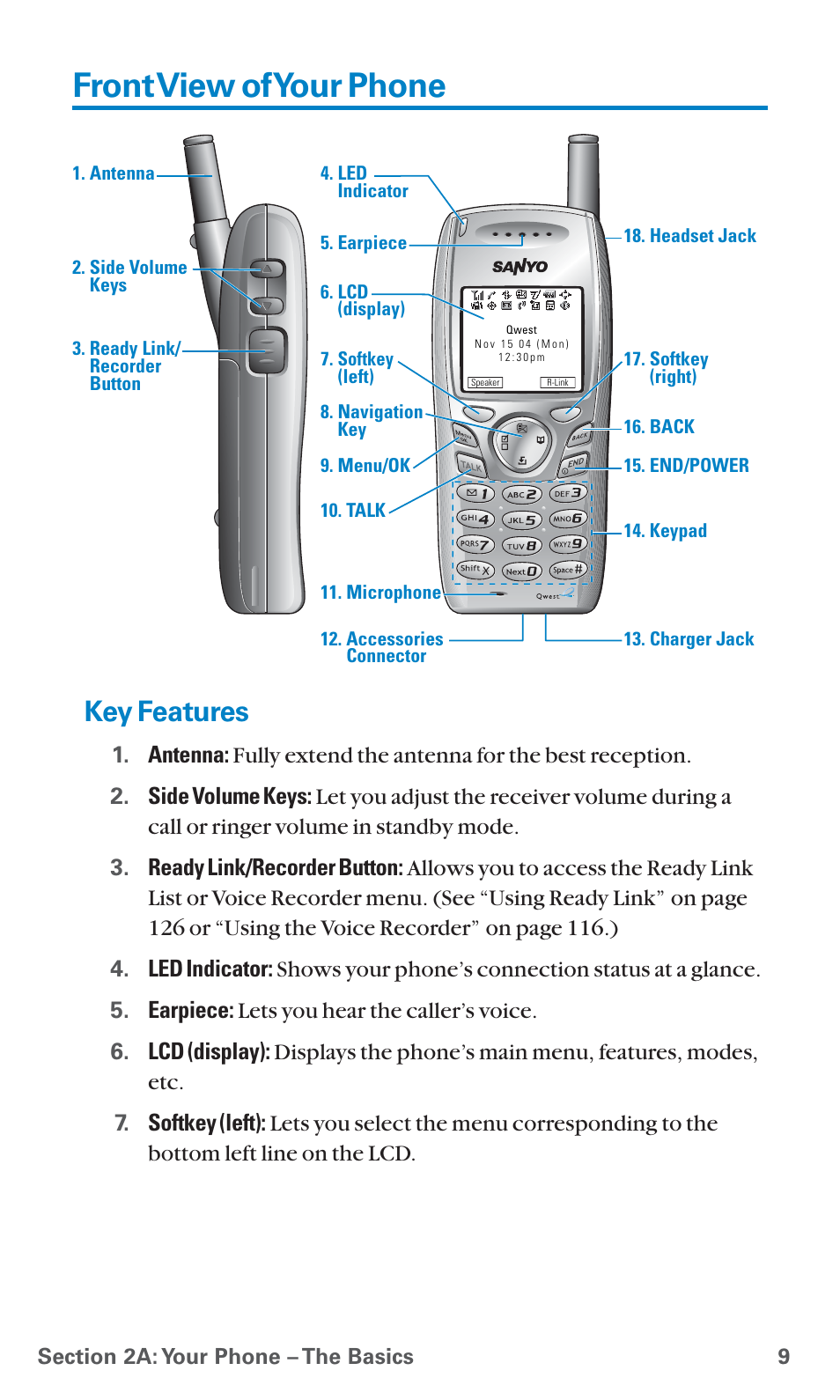 Front view of your phone, Key features | Sanyo SCP-4920 User Manual | Page 20 / 230