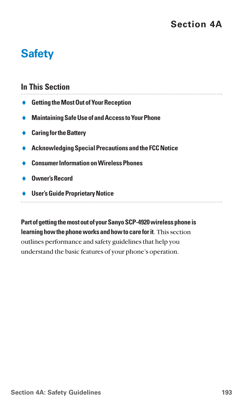 4a. safety, Safety | Sanyo SCP-4920 User Manual | Page 204 / 230