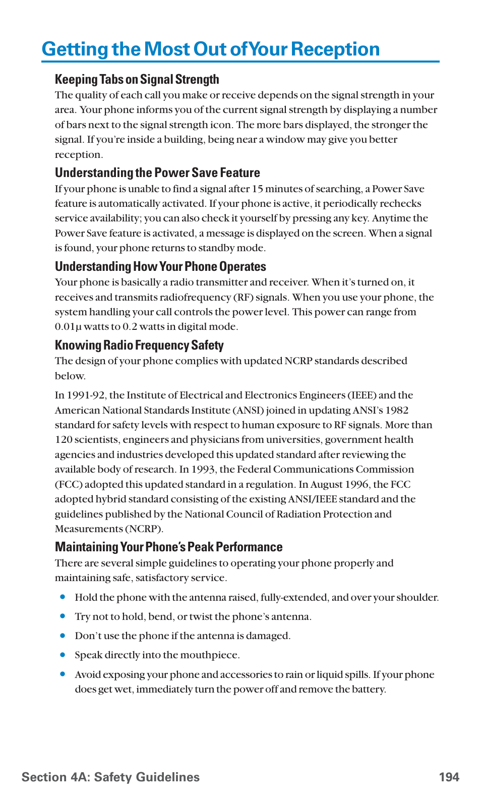 Getting the most out of your reception, Keeping tabs on signal strength, Understanding the power save feature | Understanding how your phone operates, Knowing radio frequency safety, Maintaining your phone’s peak performance | Sanyo SCP-4920 User Manual | Page 205 / 230