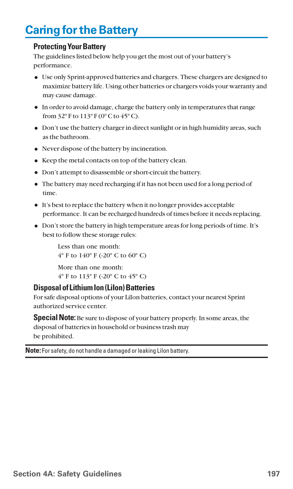 Caring for the battery, Protecting your battery, Disposal of lithium ion (liion) batteries | Sanyo SCP-4920 User Manual | Page 208 / 230