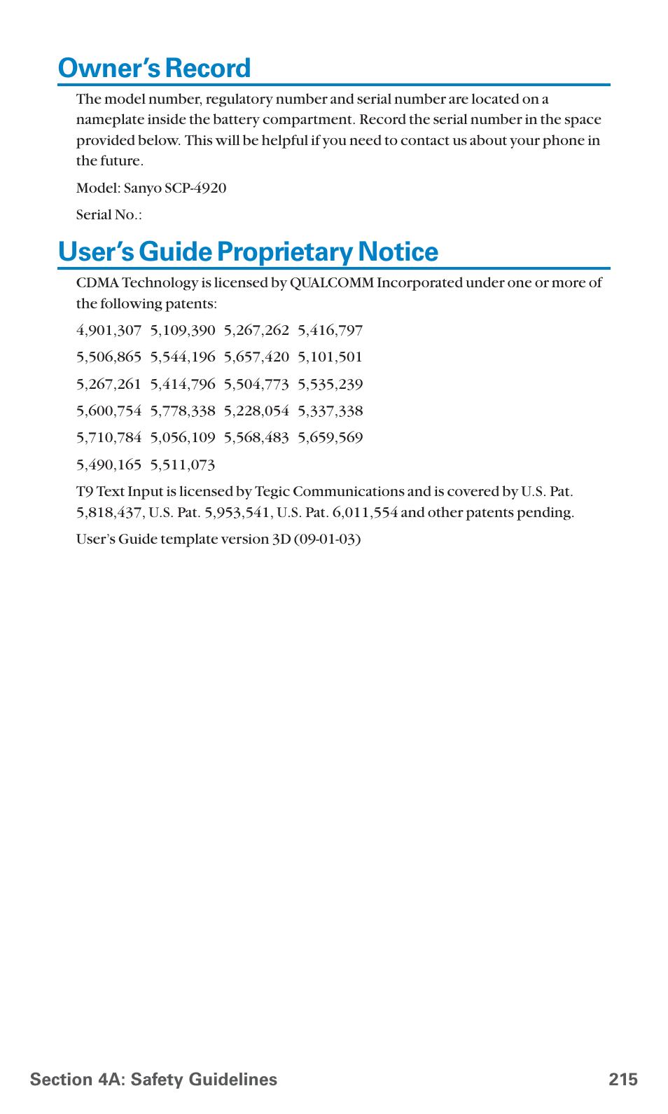 Owner’s record, User’s guide proprietary notice | Sanyo SCP-4920 User Manual | Page 226 / 230