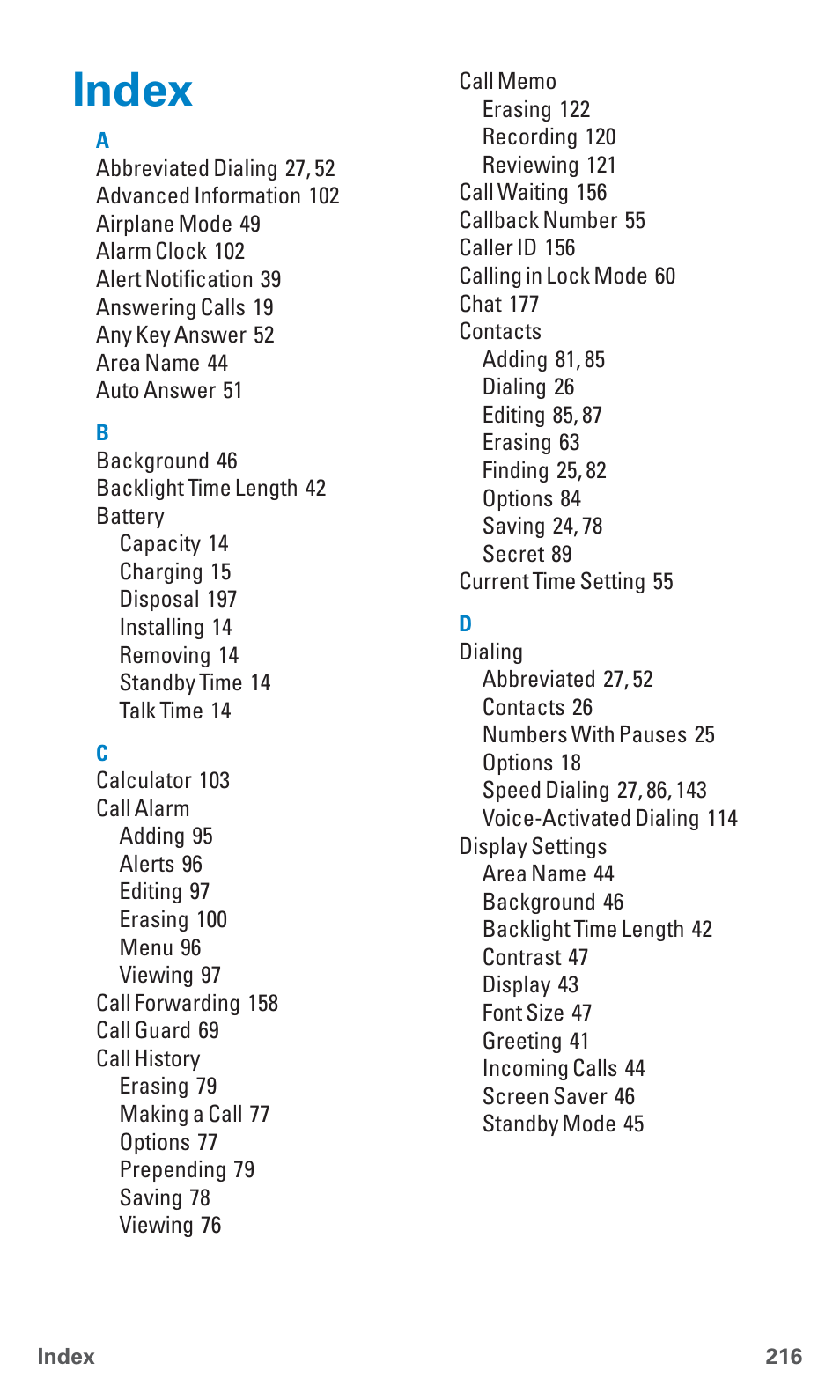 Index | Sanyo SCP-4920 User Manual | Page 227 / 230