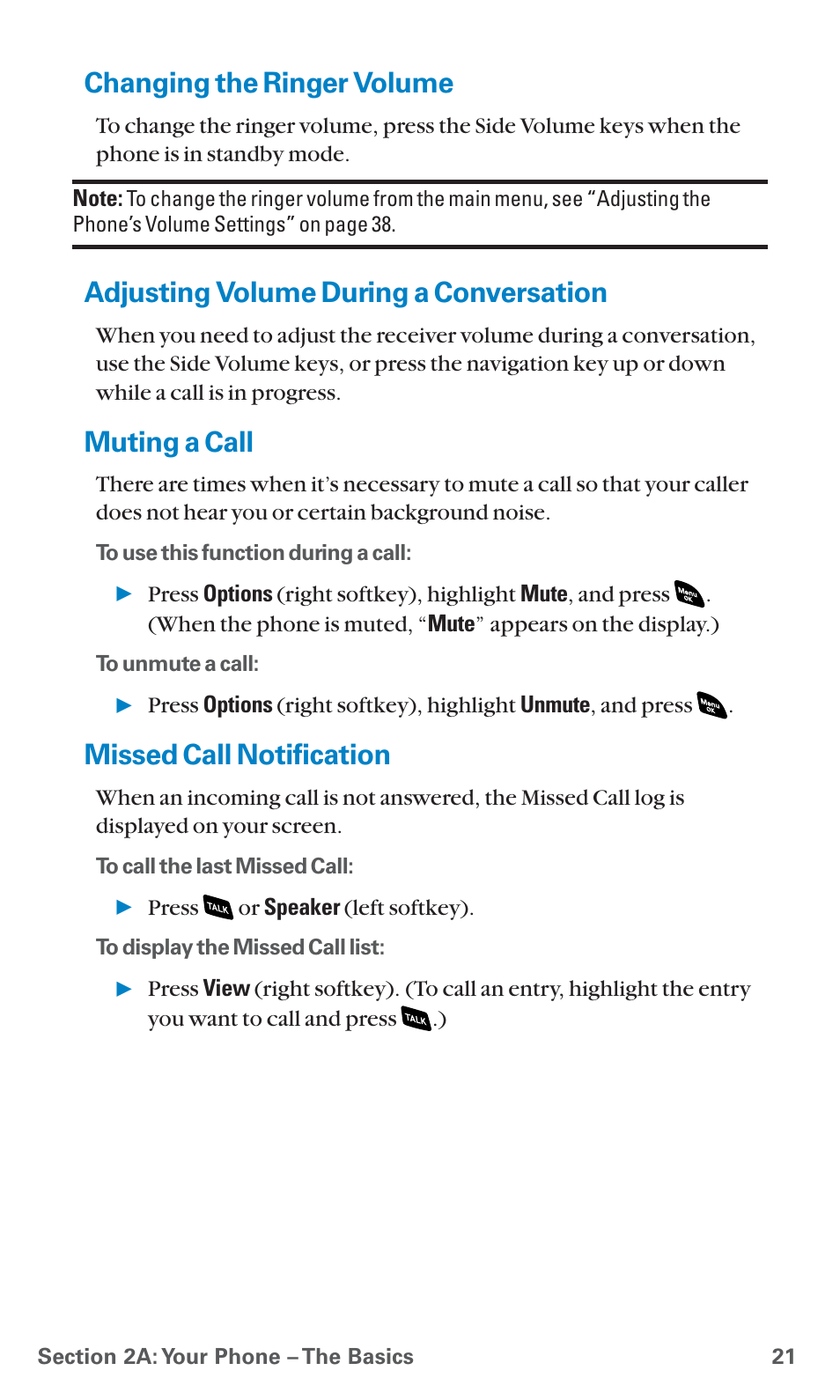 Changing the ringer volume, Adjusting volume during a conversation, Muting a call | Missed call notification | Sanyo SCP-4920 User Manual | Page 32 / 230
