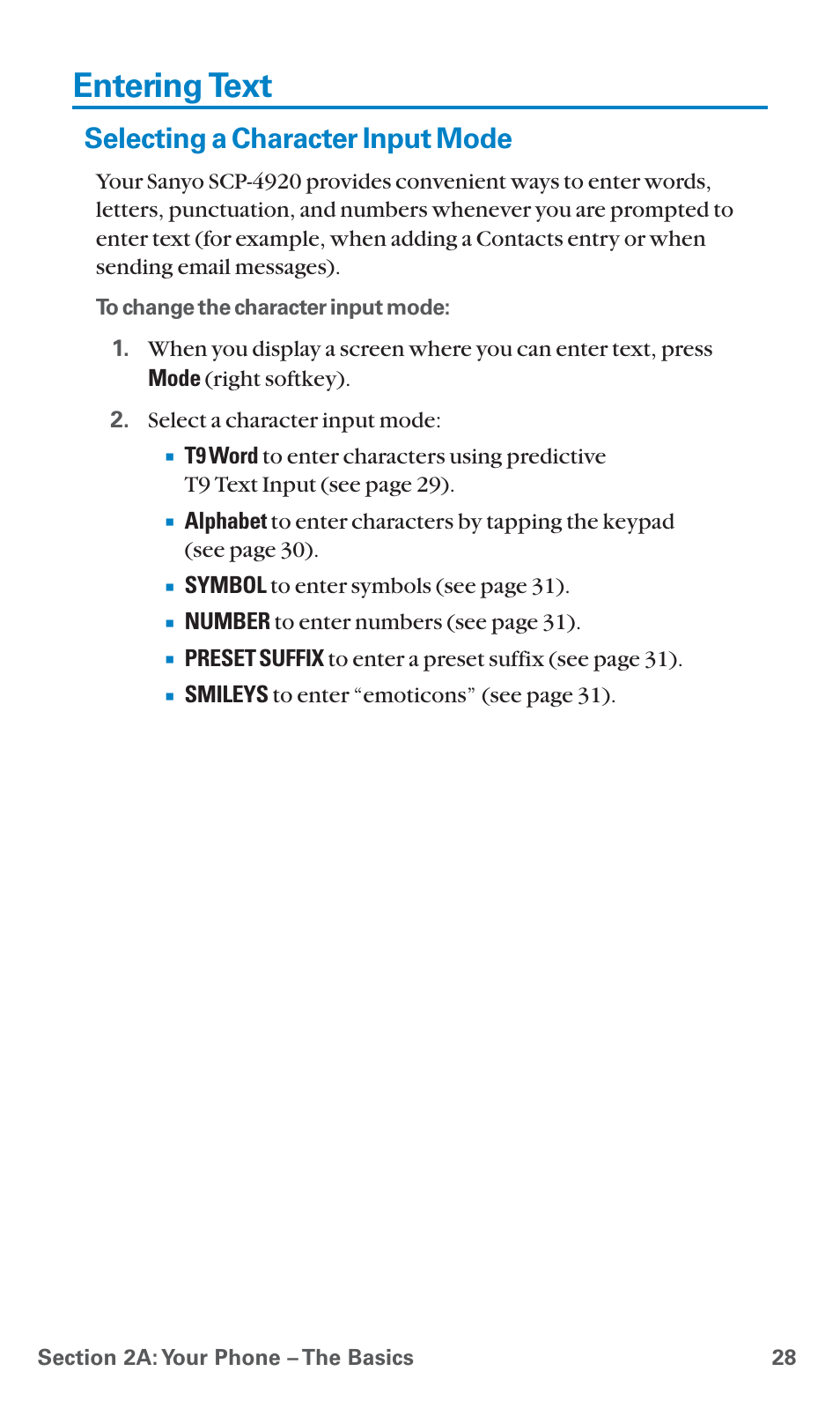 Entering text, Selecting a character input mode | Sanyo SCP-4920 User Manual | Page 39 / 230